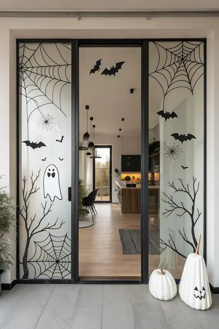Spider webs, bats and ghosts painted on apartment glass doors