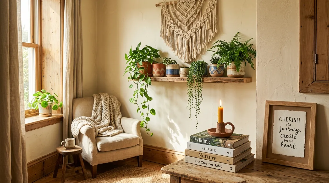 Handmade home corner with hand-painted ceramic pots, macrame wall hanging, and clay candle holder