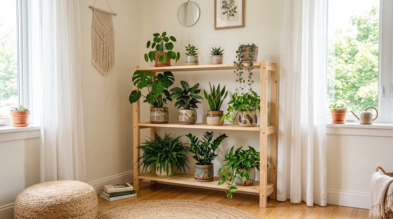 Living room with a handmade tiered plant shelf and custom decor