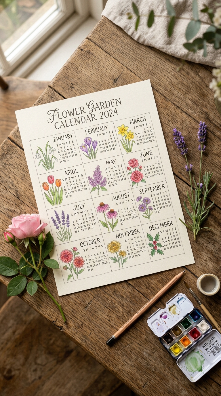 Flower garden calendar on a wooden table showing bloom times across spring, summer, and fall