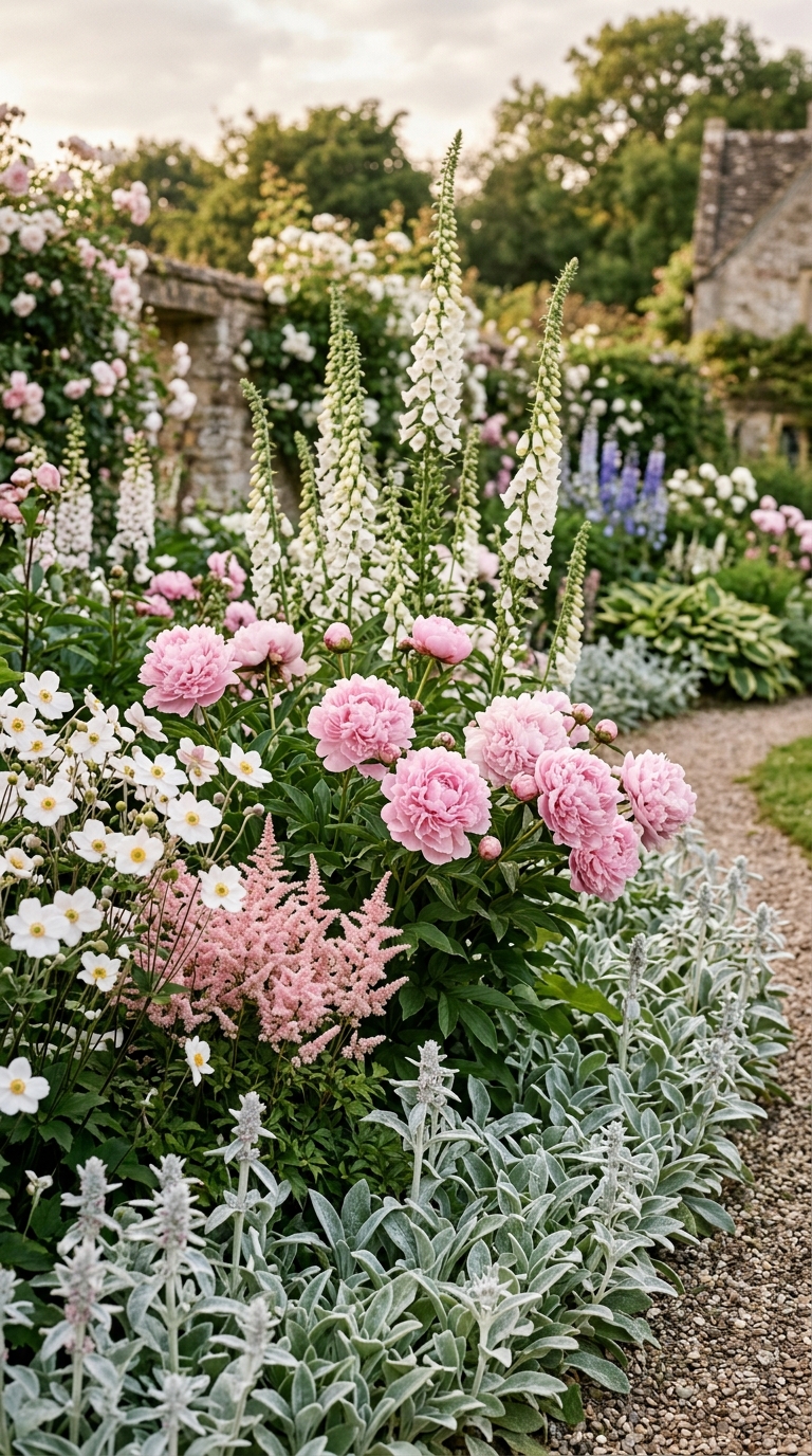 Tall purple dahlias serving as the focal point in a mixed flower border