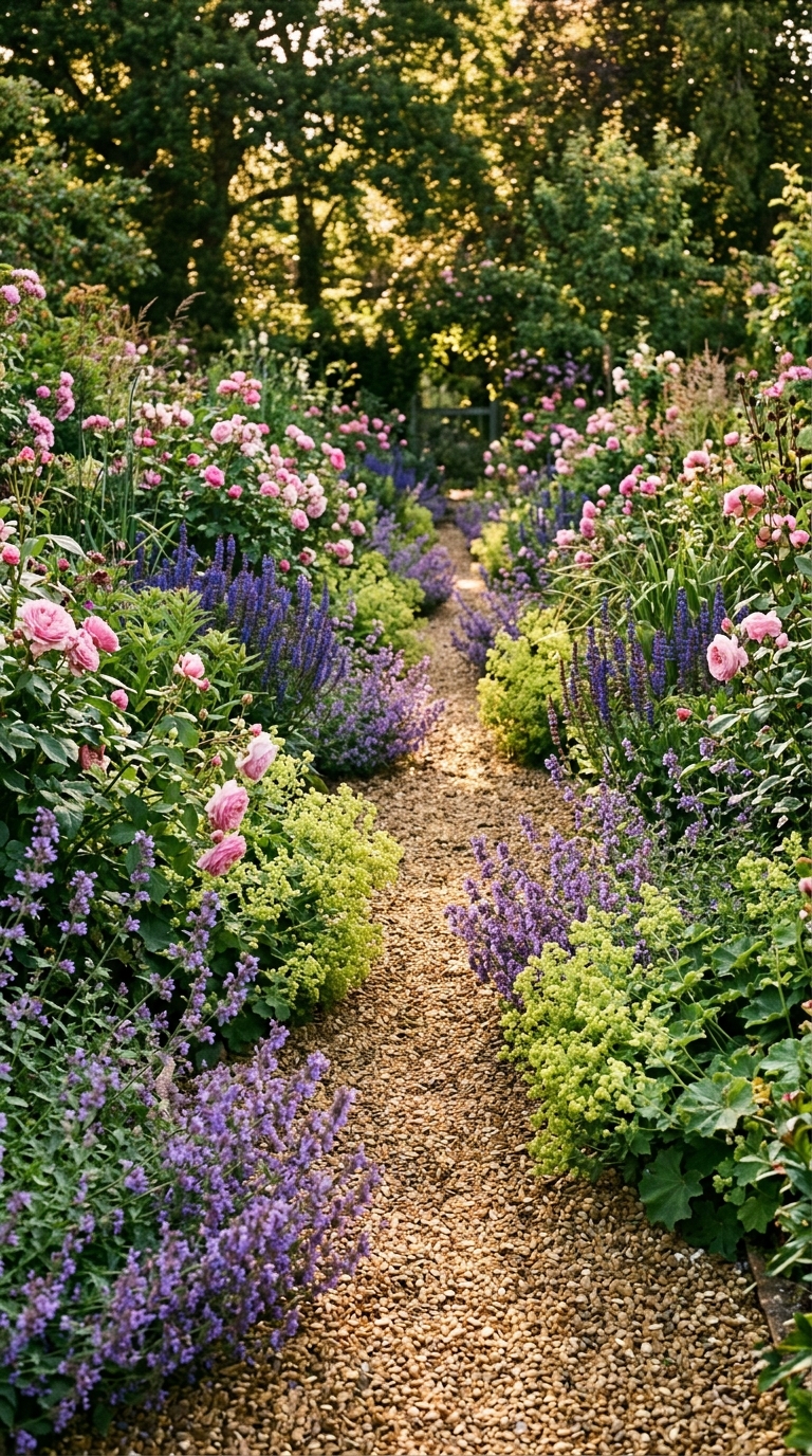 Repeated catmint and echinacea flowing across multiple garden beds