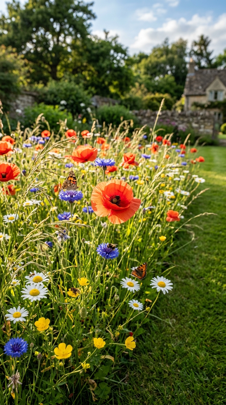 Ornamental grasses and boxwood anchoring a mixed flower border