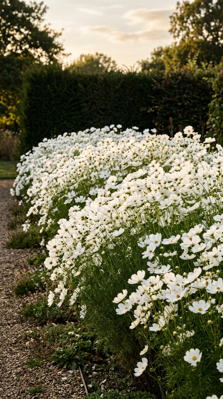White cosmos and moonflowers glowing in a moonlit garden at dusk