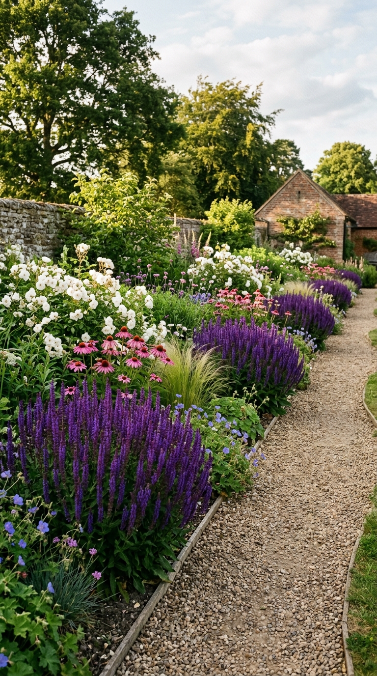 Climbing roses and clematis trained up a wooden garden wall