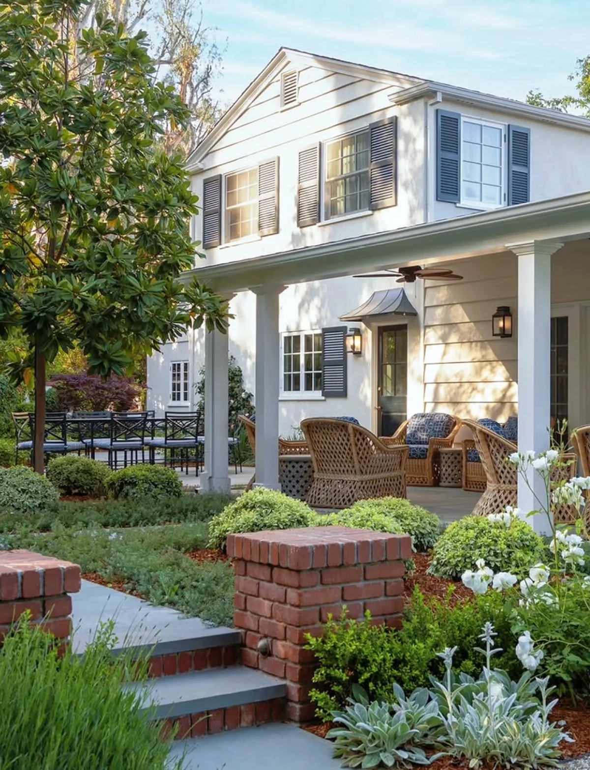 White farmhouse front porch with rocking chairs and a welcoming entry
