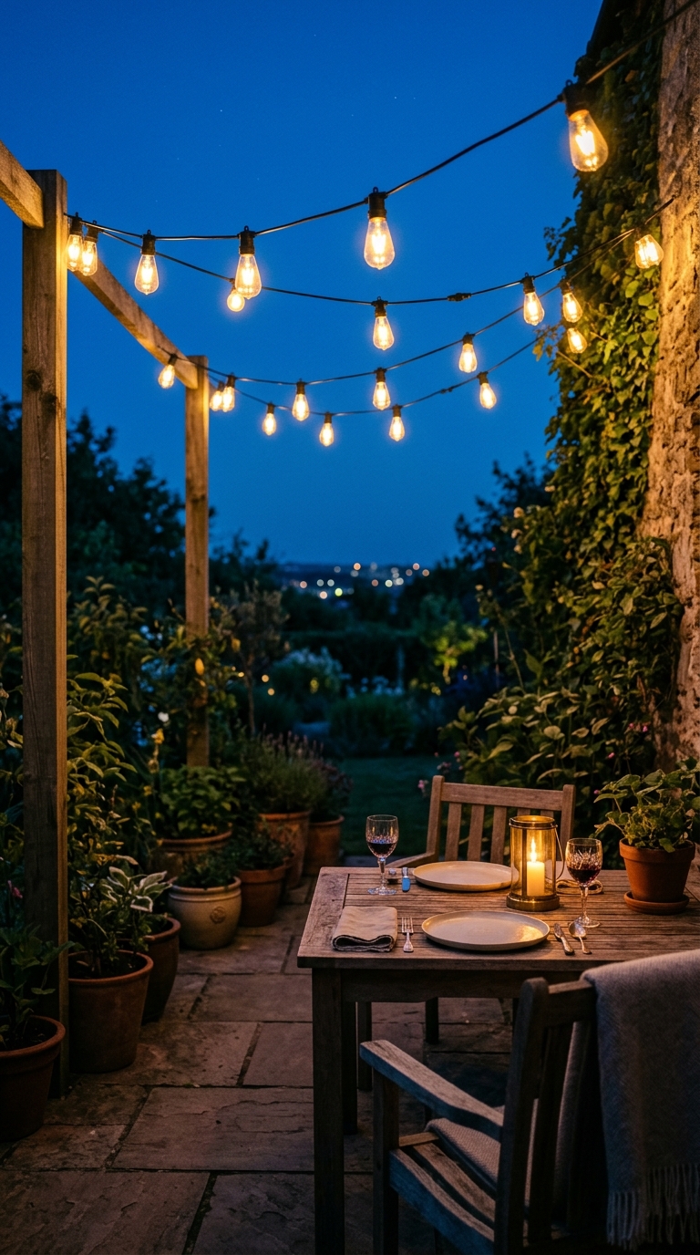 Patio garden at dusk lit by warm string lights with wooden table and potted plants
