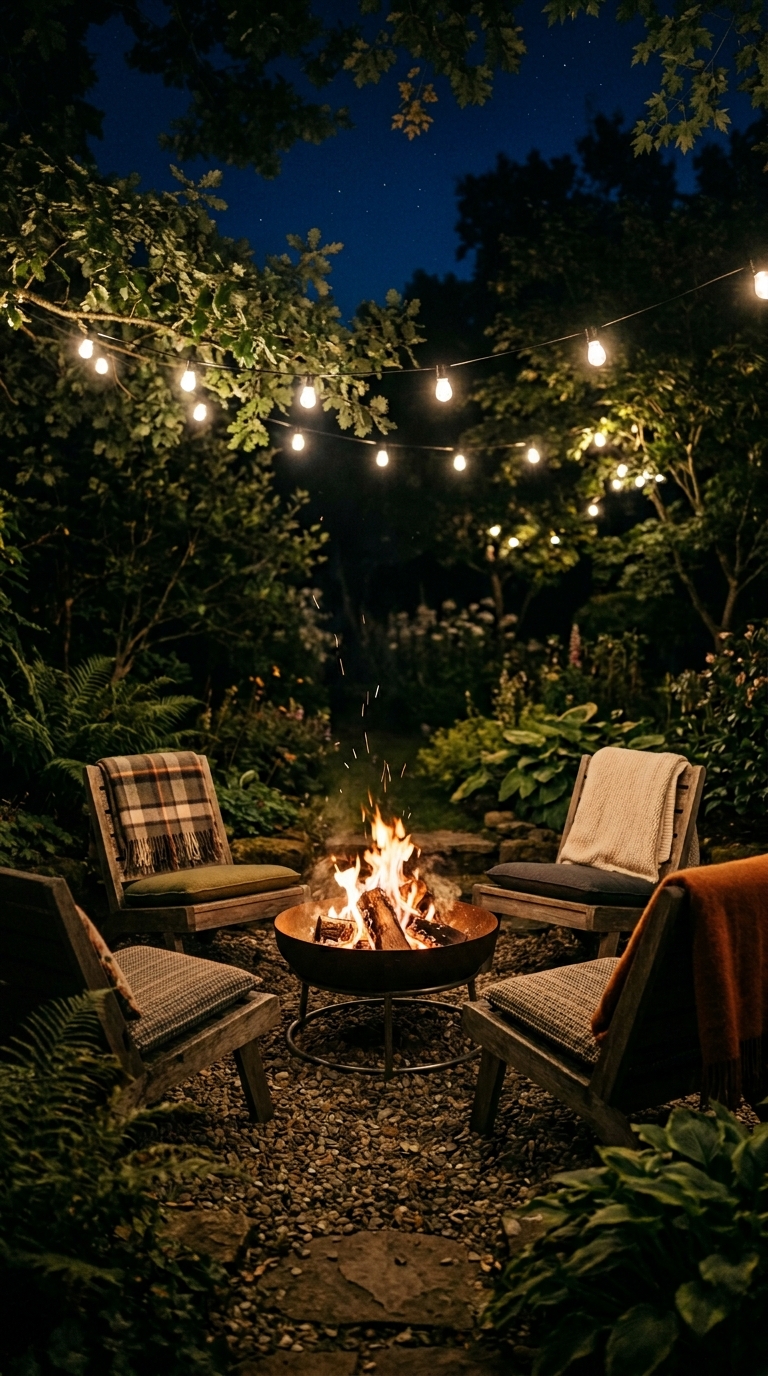 Garden fire pit scene at night with chairs in semicircle around burning fire bowl