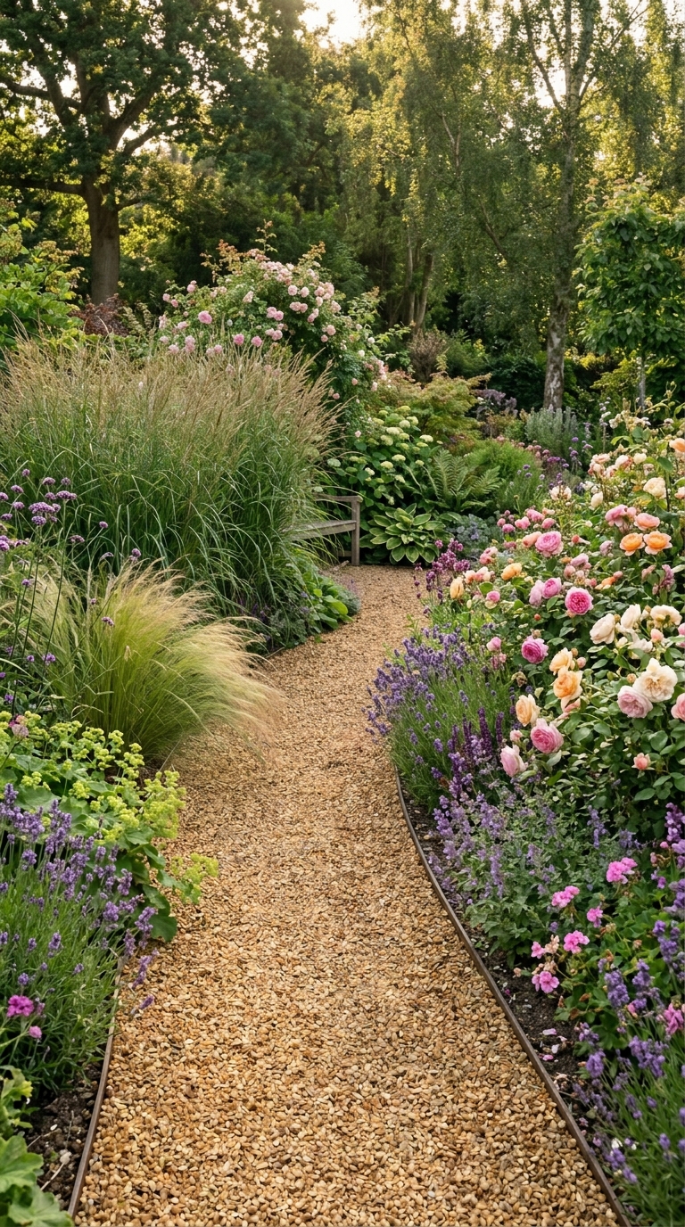 Curved gravel path with flowers disappearing behind ornamental grass