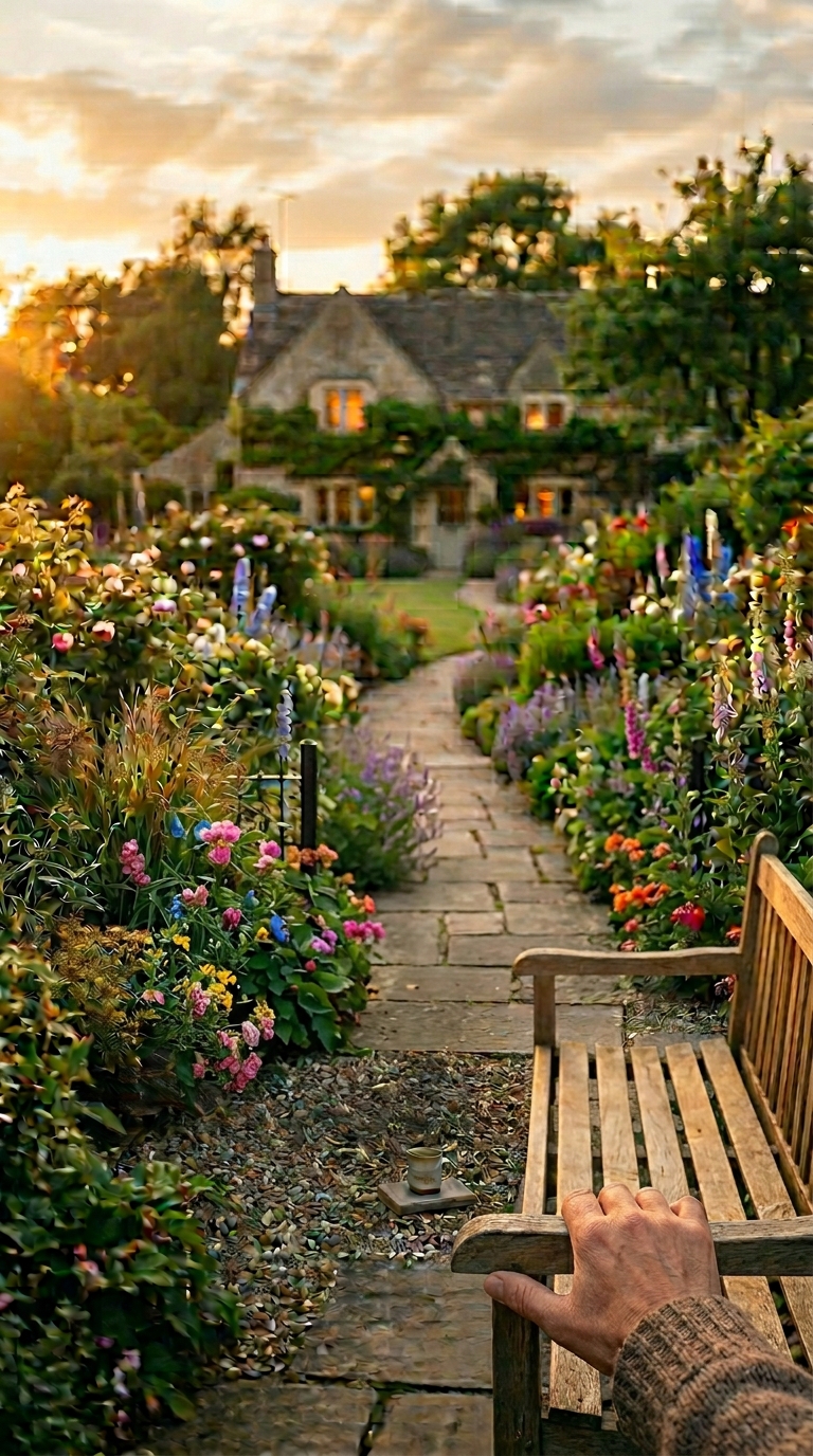 Bench positioned to receive evening sun with full garden view