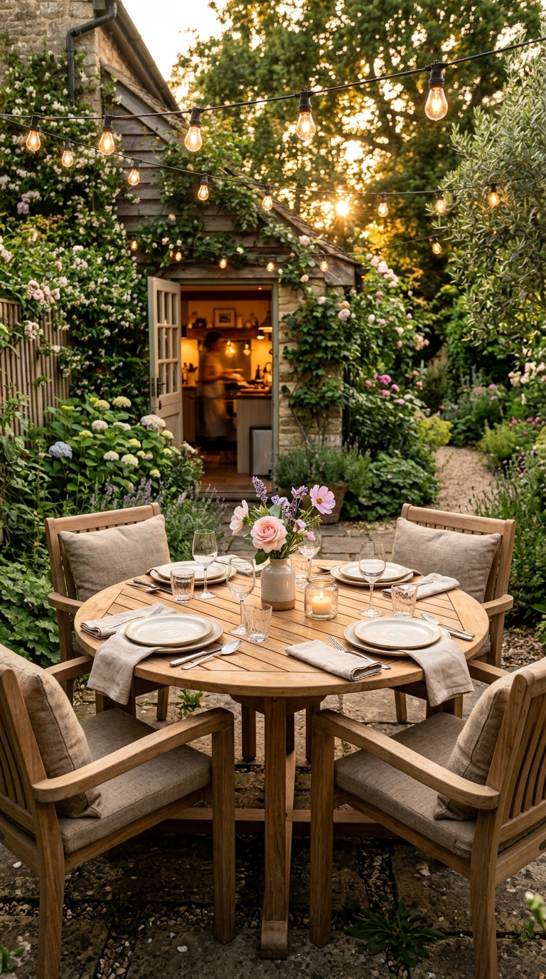 Outdoor dining table set for golden hour dinner under string lights