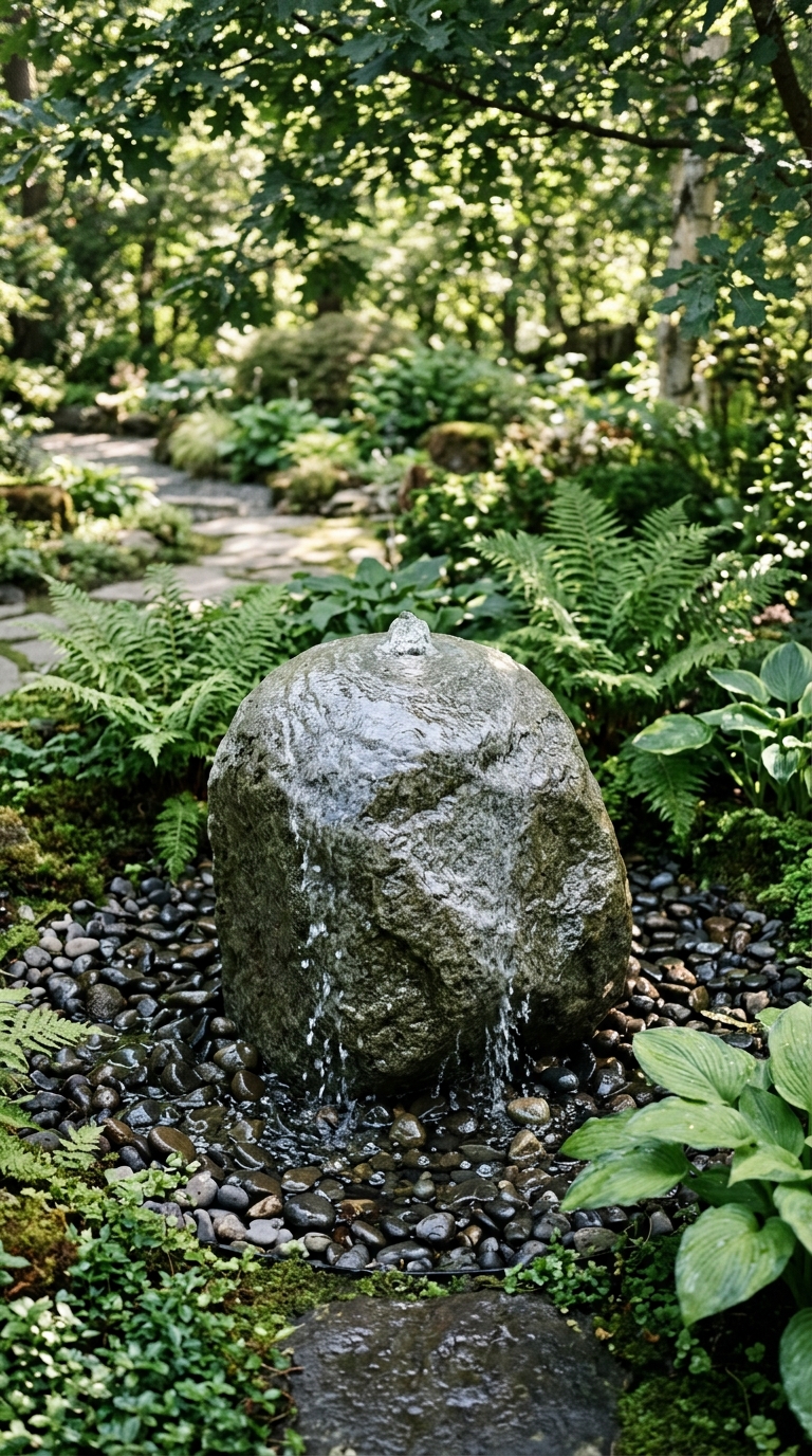 Bubbling stone water feature with water flowing over natural boulder