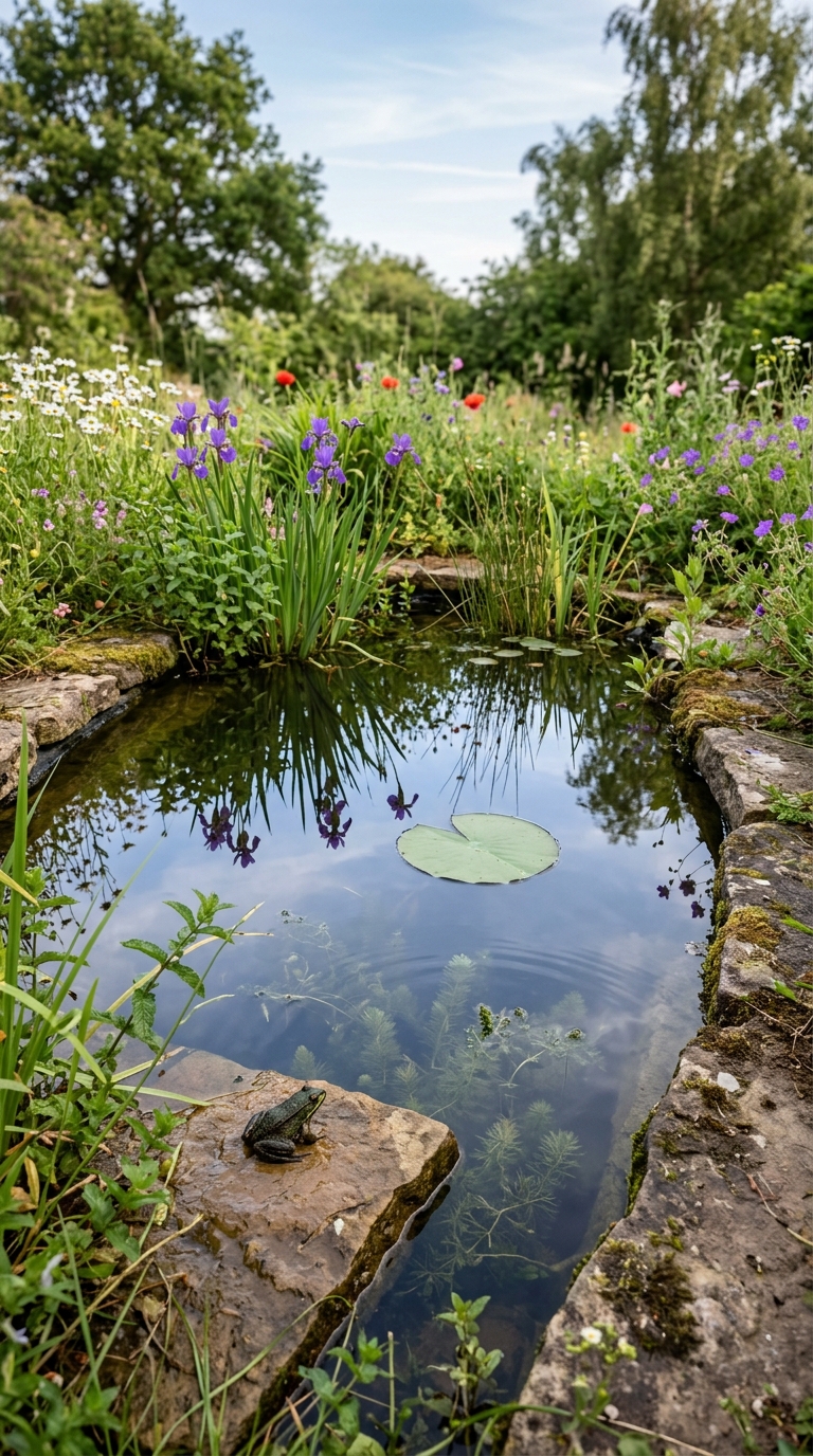 Small wildlife pond with still water reflecting sky and marginal plants