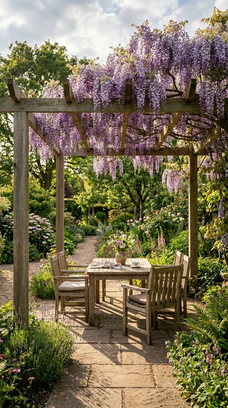 Mature pergola covered in wisteria blooms over seating area