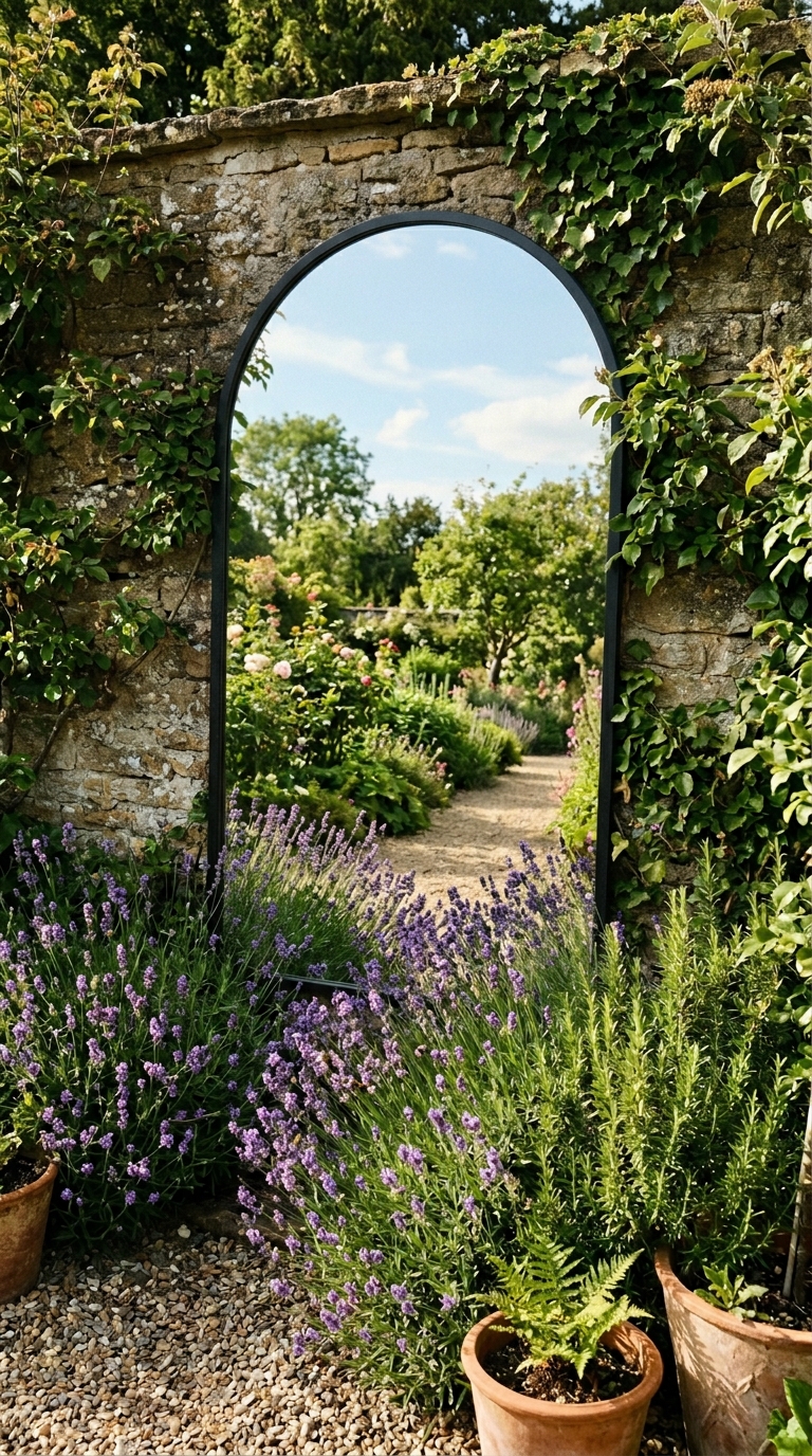 Arched garden mirror creating illusion of depth behind lavender planting