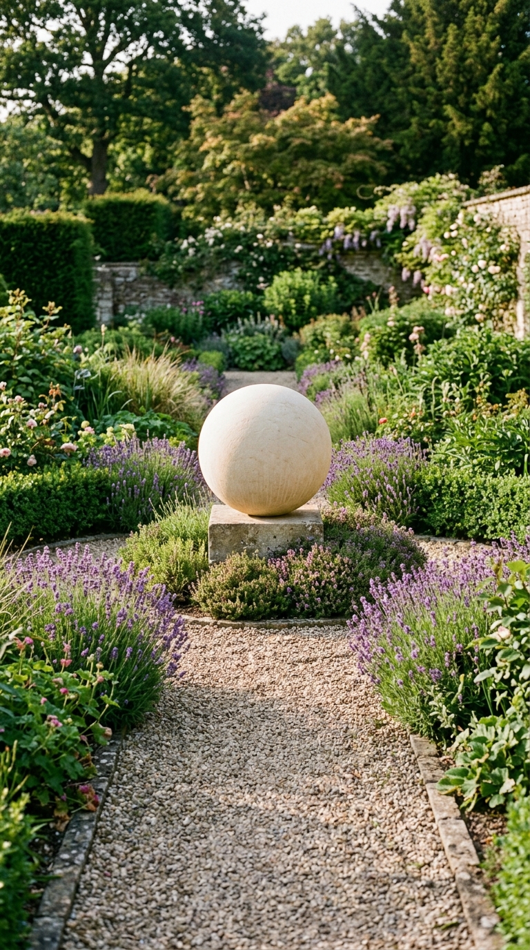 Limestone sphere on stone plinth at end of gravel path