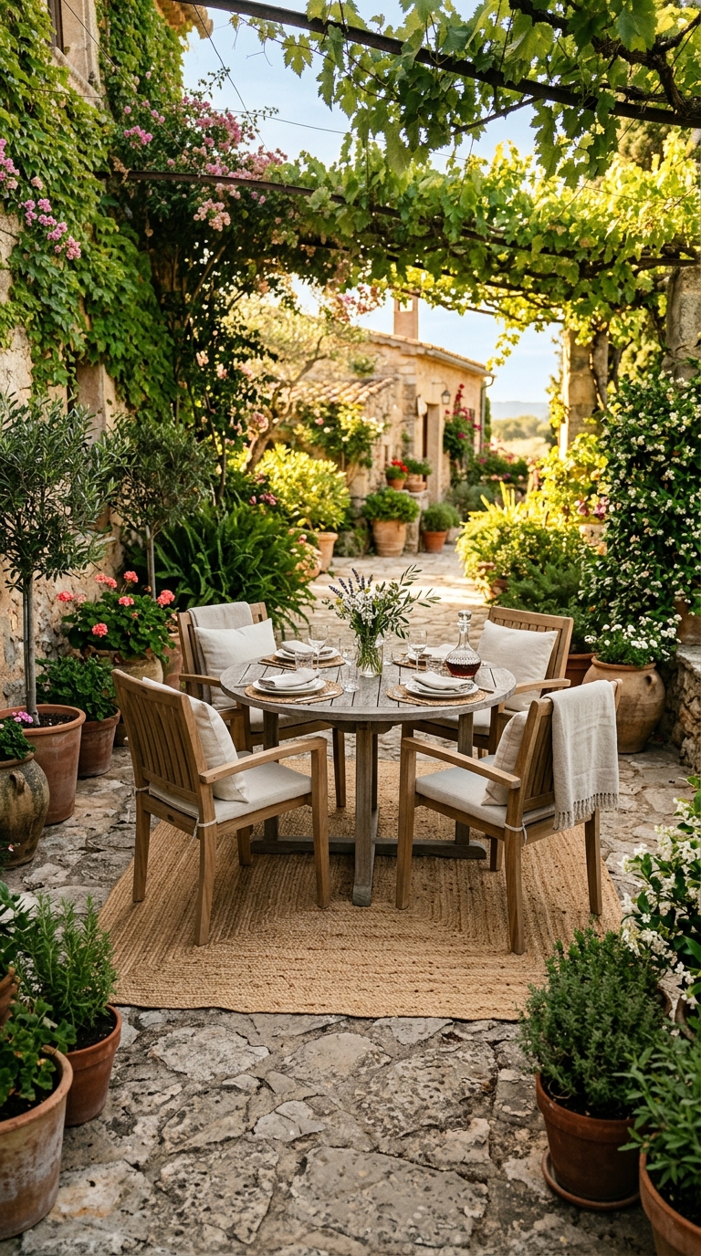 Outdoor rug under dining table defining the seating area on stone patio
