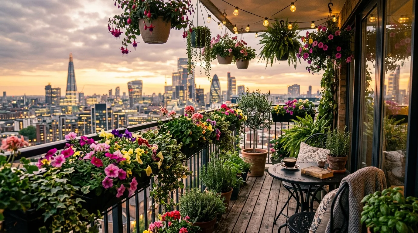 City apartment balcony transformed into a green retreat with trailing plants and a small bistro set