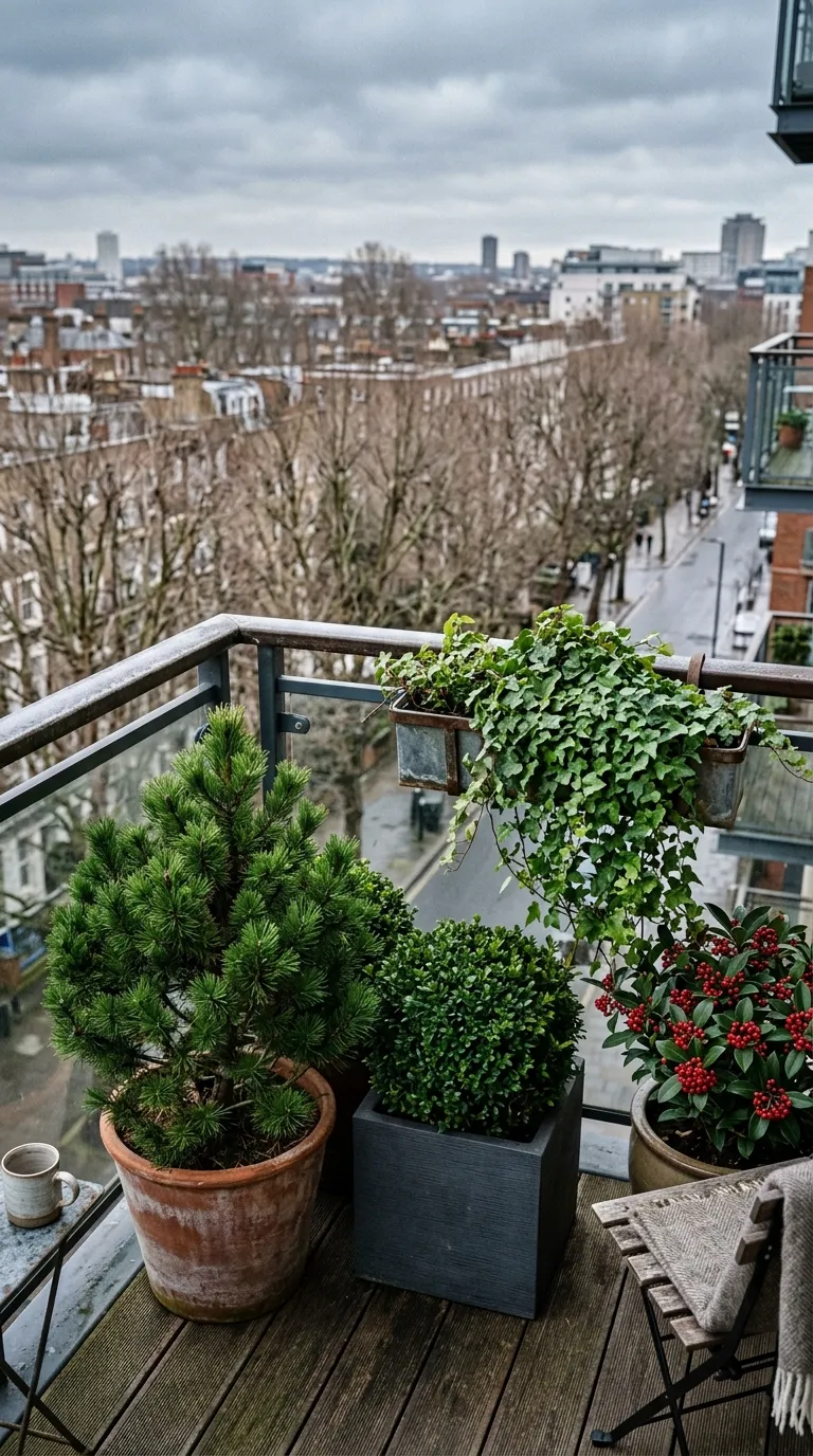 Evergreen balcony plants providing year-round structure for a small balcony garden