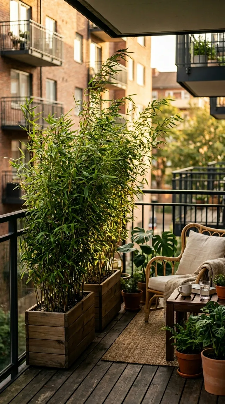 Balcony privacy plants with tall bamboo creating a natural screen outdoors