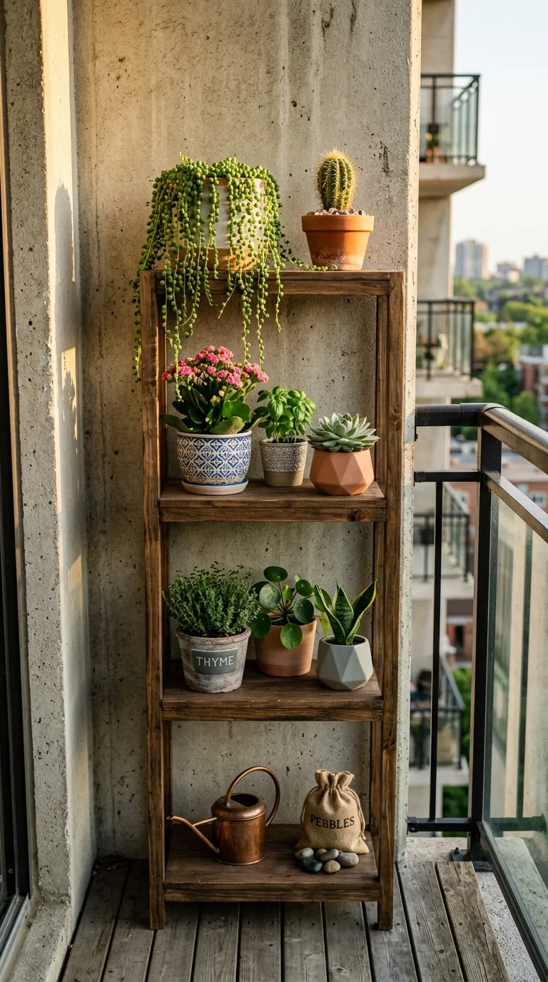 Vertical shelf with balcony plants for small balcony garden space saving