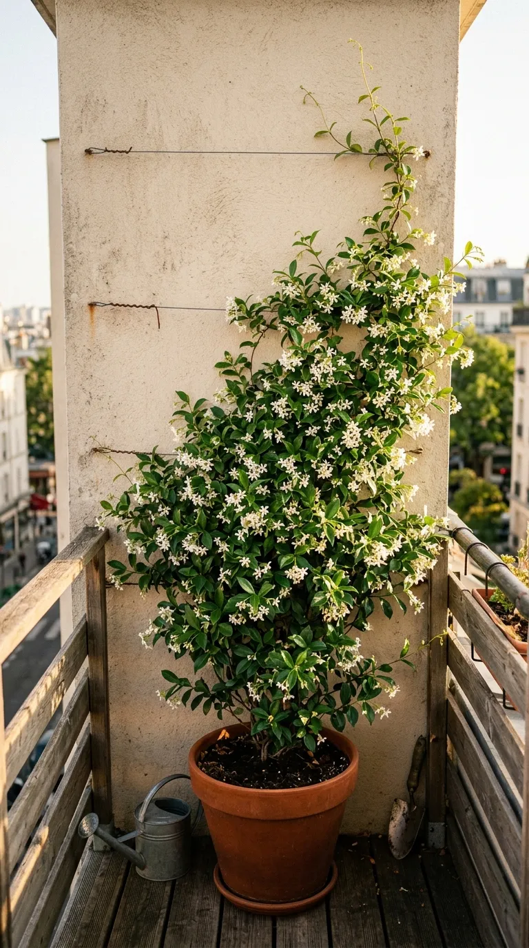 Climbing jasmine trained upward on horizontal wires covering half a wall