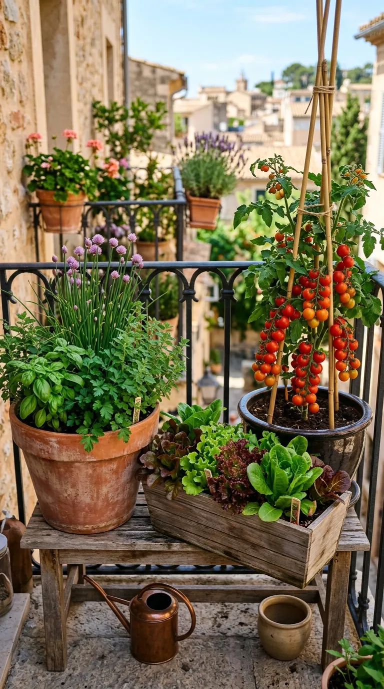 Three pots forming a compact balcony kitchen garden in the sunniest corner