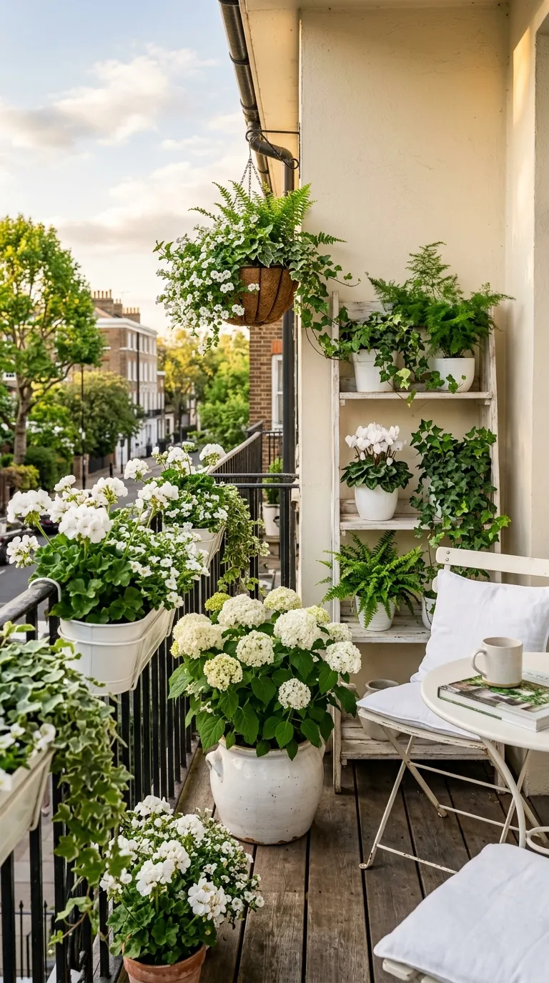 Balcony with a unified white-and-green color story for small balcony garden