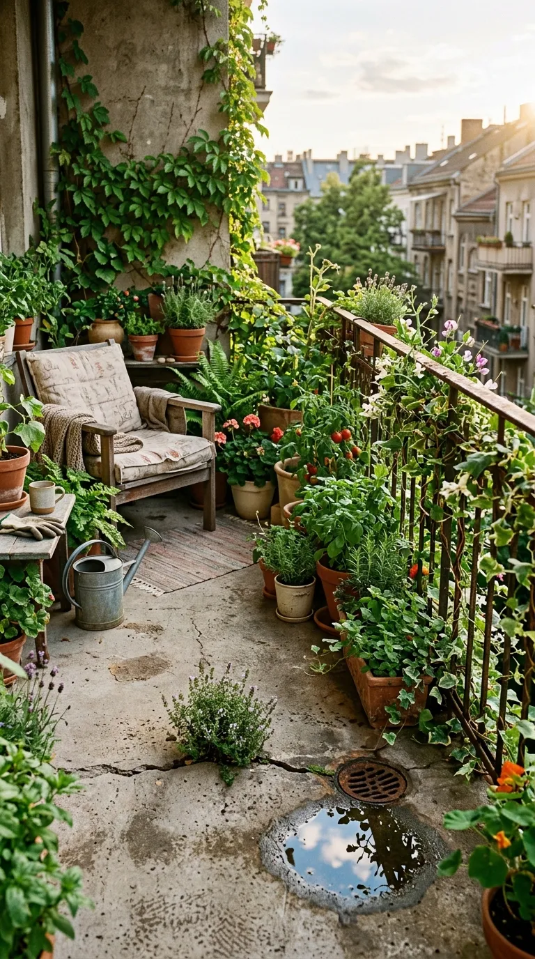 Slightly imperfect balcony with plants growing through cracks and over rusted railing