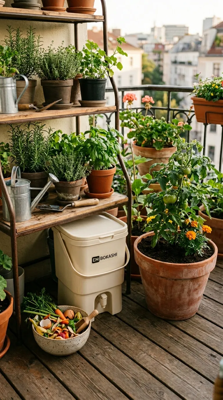 Compact bokashi bin tucked under a plant shelf for balcony garden composting