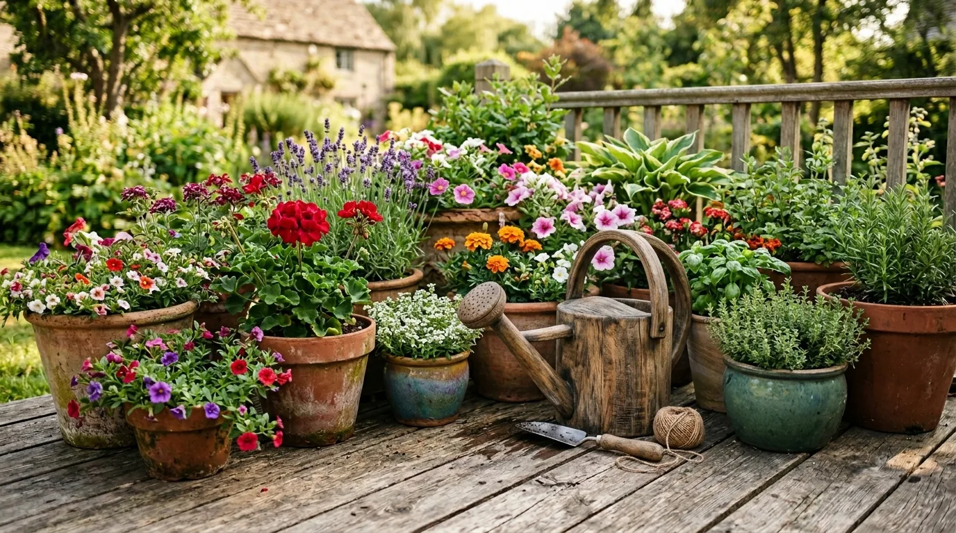 Wooden deck with terracotta and ceramic containers holding herbs, flowers, and a small olive tree
