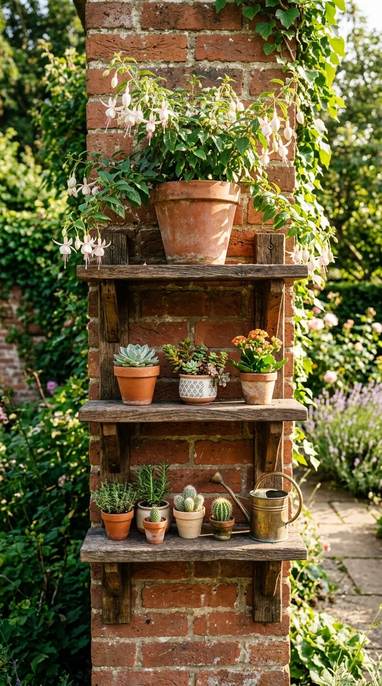 Cottage-style container garden with blooming potted plants at a rustic door
