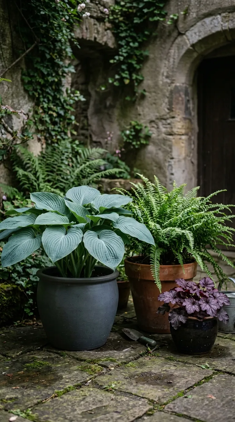 Minimalist container garden design with three pots and potted plants on concrete patio
