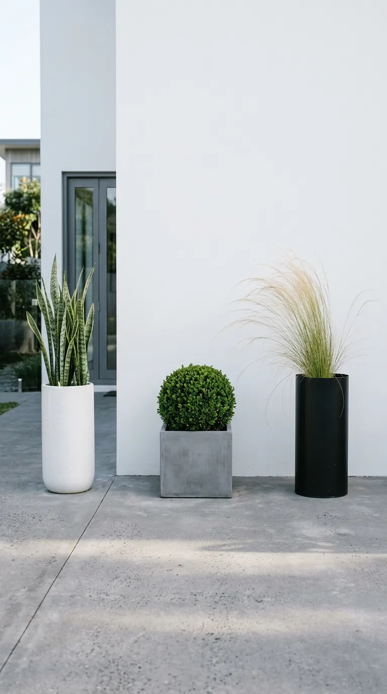 Tropical container garden with banana plant and bird of paradise potted plants