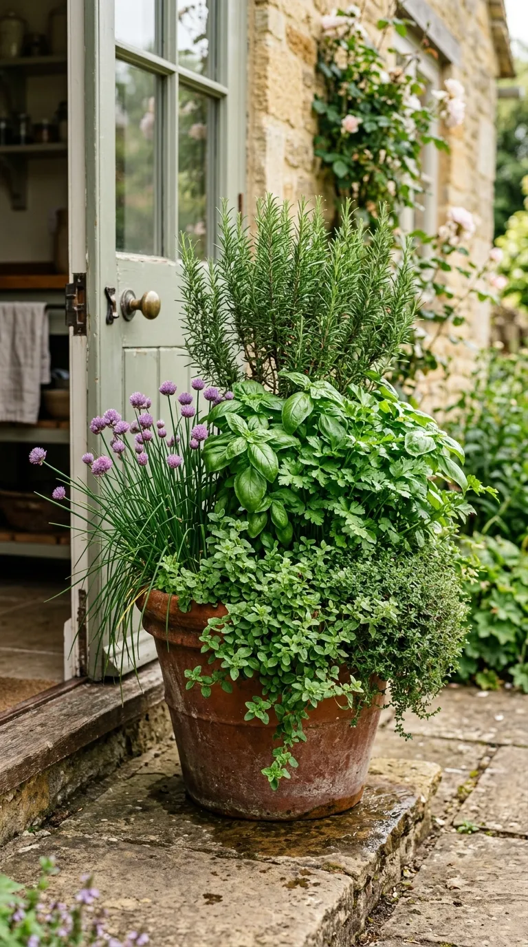 Scandinavian-style potted plants on a wooden deck for a pot garden display