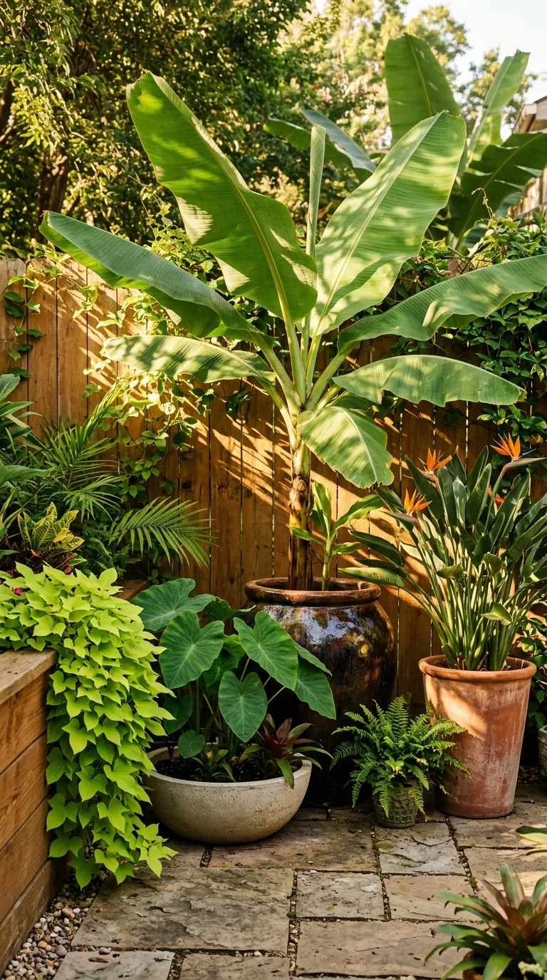 Empty aged terracotta pot as negative space in a pot garden arrangement