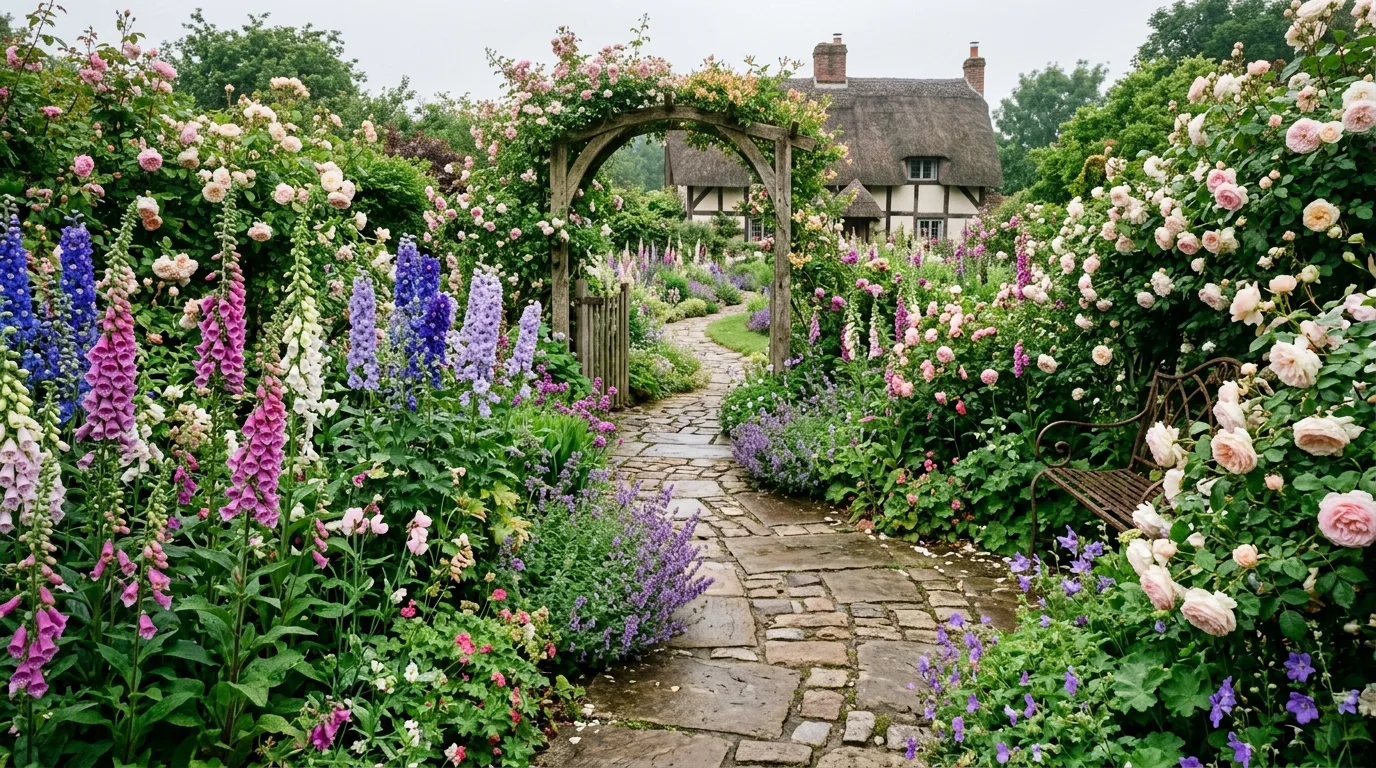 Winding stone path through a cottage flower garden with lavender, roses, and wildflowers