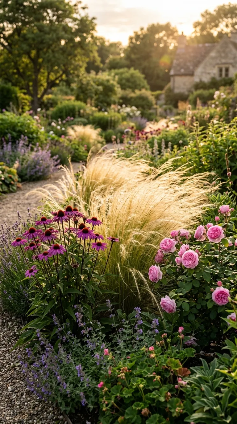 Three-tier flower border with tall hollyhocks medium dahlias and low thyme