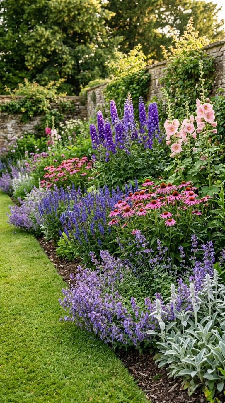 Deep layered border with sedum salvia and grasses for flower garden design