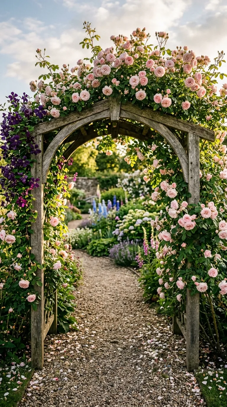Pink David Austin roses arching through a mixed perennial garden design
