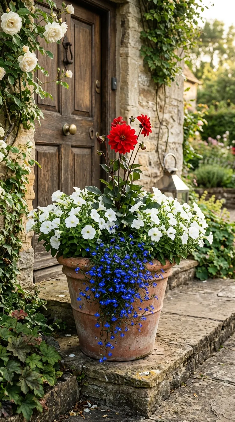 Lavender and roses planted along a garden path for fragrant flower garden ideas