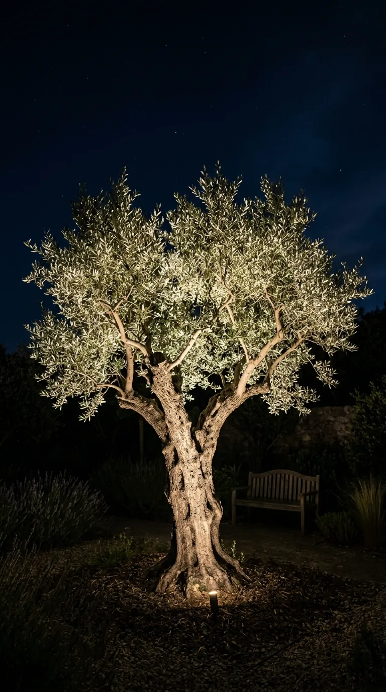 Olive tree uplighted at night showcasing dramatic garden lighting ideas