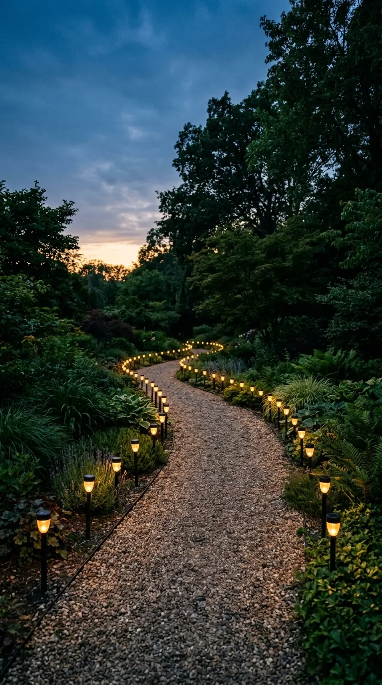 Solar stake lights lining a garden path creating magical outdoor decor