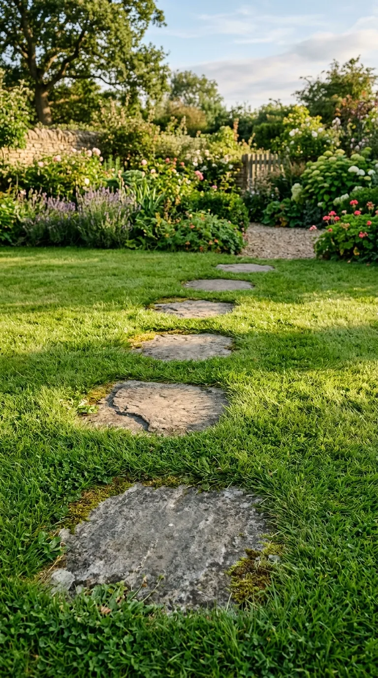 Stepping stones set into lush lawn creating charming garden path ideas