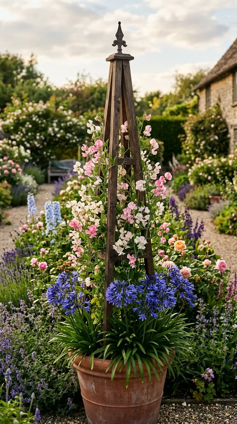 Wooden obelisk with sweet peas adding vertical interest to garden decor