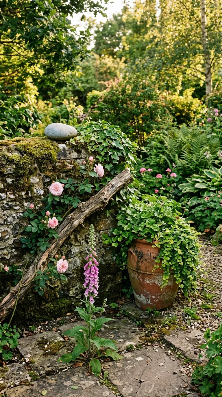 Garden corner with found stone and self-seeded flowers showing natural garden decor