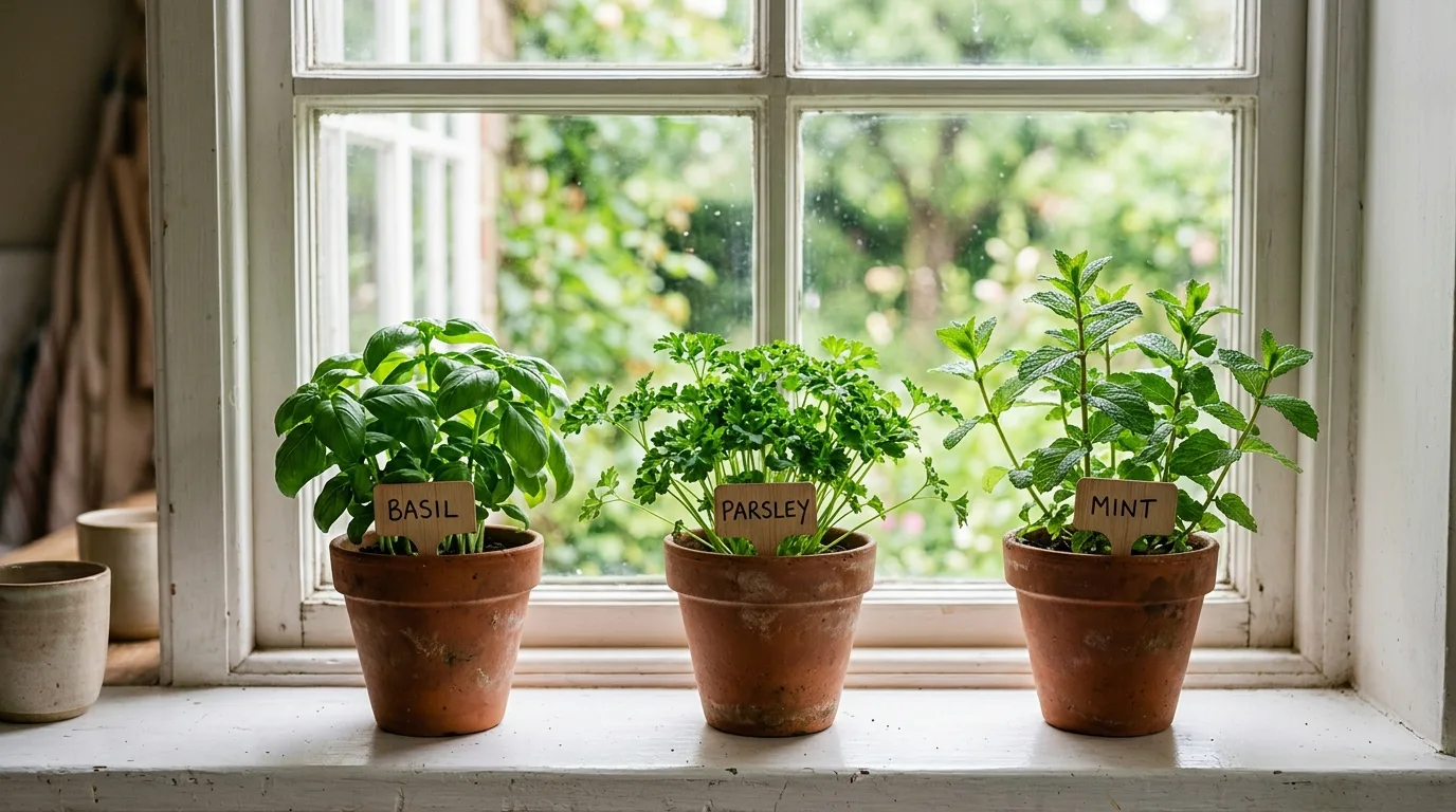 Kitchen windowsill herb garden with fresh basil, rosemary, and thyme in terracotta pots