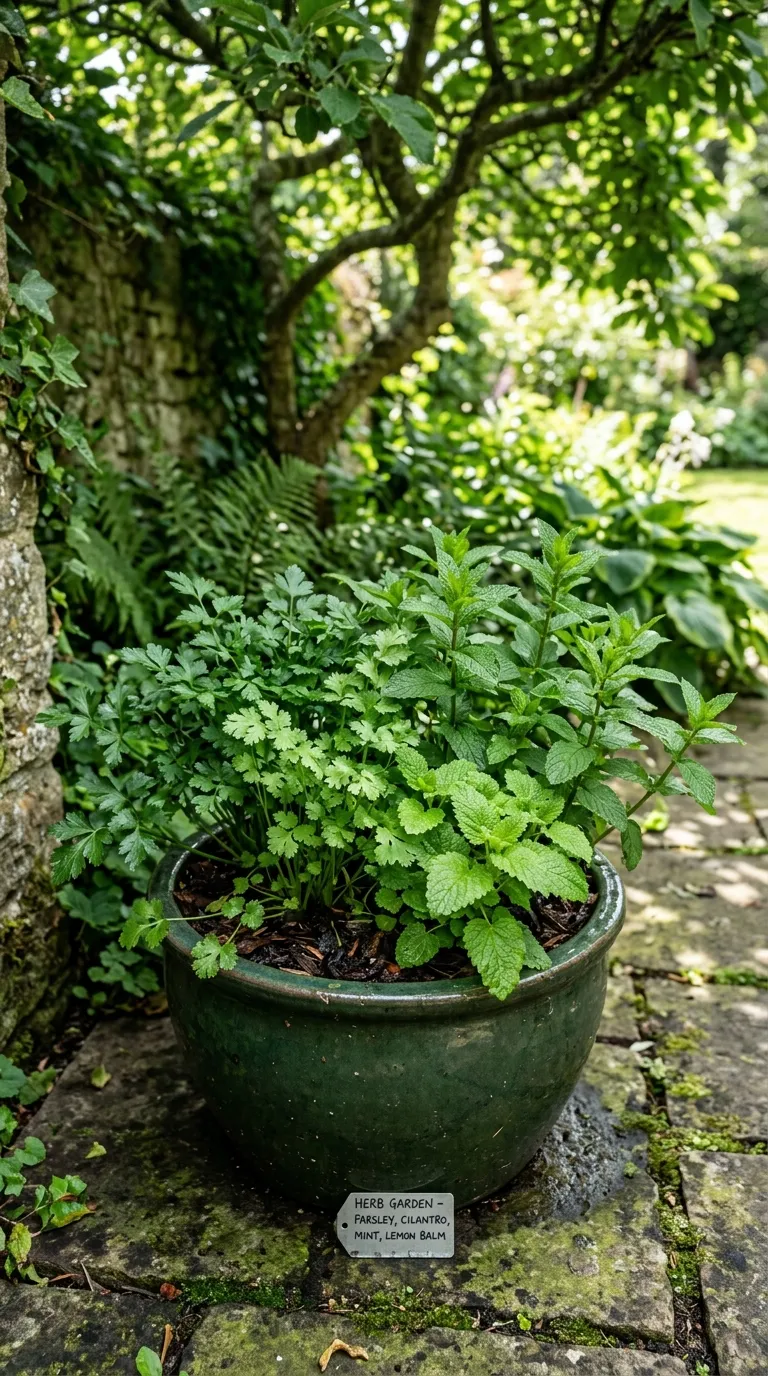 Single large terracotta pot planted as a complete herb garden in pots