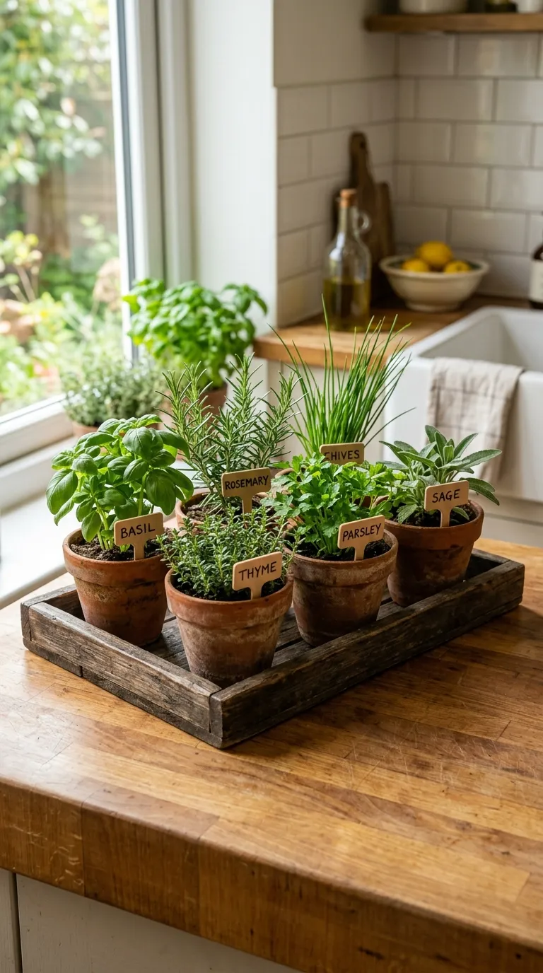Herb bed with a rough-cut sandstone border for herb garden design