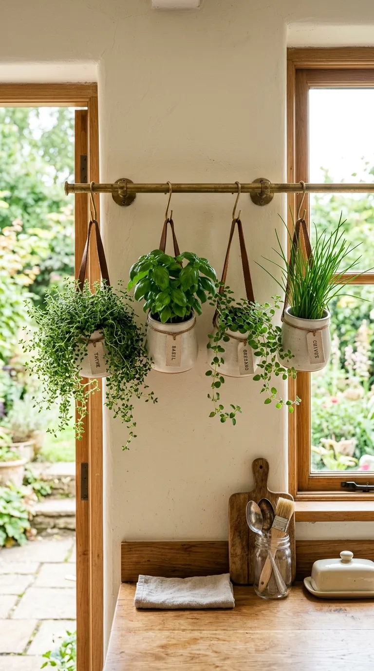 Simple wooden bench beside a raised herb bed with lavender and rosemary